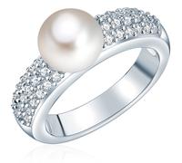 Valero Pearls Damen-Ring Hochwertige Süßwasser-Zuchtperlen 8-9 mm Button weiß 925 Sterling Silber Zirkonia - Perlenring Silberring mit echter Perle
