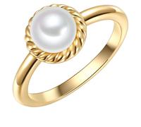 Valero Pearls Damen Ring aus 925/- Sterling Silber gelbvergoldet mit Süßwasser-Zuchtperle weiß Button 7,0-8,0 mm/Zirkonia
