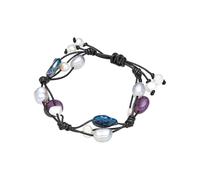 Valero Pearls Damen Lederarmband Schwarz mit Süßwasser-Zuchtperlen 5-8 mm Oval weiß/silbergrau/pfauenblau und Amethyst lila