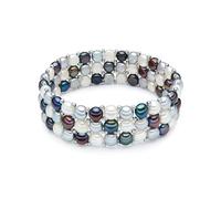 Valero Pearls Damen Perlenarmband Dreireihig mit Süßwasser-Zuchtperlen bunt | Perlengröße 5-6 mm,Button-Form,Multicolor,Weiß,Silber,Pfauenblau,Armband,Perlenschmuck,1,8cm Breit,Nylon,19 cm,flexibel