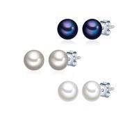 Valero Pearls Damen Perlenohrstecker 3er Set aus 925/- Sterling Silber mit Süßwasser-Zuchtperlen Pfauenblau/Grau/Weiß 6-7 mm Button - Silberohrstecker