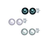 Valero Pearls Damen Perlenohrstecker 925/- Sterling Silber 3er Set Silberohrstecker Süßwasser-Zuchtperlen 6-7 mm Button Pfauenblau Graublau Grau