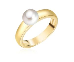 Valero Pearls Damen Perlenring aus 925 Sterling Silber gelbvergoldet mit Süßwasser-Zuchtperle Button 6-7 mm weiß - Silberring Gold mit echter Perle