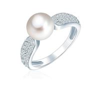 Valero Pearls Damen Perlenring aus 925/- Sterling Silber mit Süßwasser-Zuchtperle 8-9 mm Weiß Buttonförmig Zirkonia Silberring Damenring
