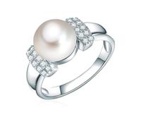 Valero Pearls Damen Perlenring aus 925/- Sterling Silber mit Süßwasser-Zuchtperle 9-10 mm und Zirkonia weiß - Silberring mit echter Perle