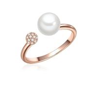 Valero Pearls Damen-Ring 925 Sterling Silber rosévergoldet Süßwasser-Zuchtperle Rund 7 mm weiß/Zirkonia - Silberring offen Süßwasserperle Perlenring