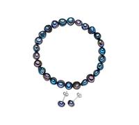 Valero Pearls Damen-Schmuckset Armband + Ohrstecker 925 Sterling Silber Hochwertige Süßwasser-Zuchtperle pfauenblau - Perlenarmband Perlenohrstecker