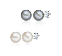 Valero Pearls Damen Set (Ohrringe 2er) 925/- Sterling Silber | rhodiniert, Ohrstecker, Süßwasser-Zuchtperle, ca. 8,0 - 9,0 mm, weiß, button, 2er Set