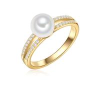 Valero Pearls Damen Ring aus 925/- Sterling Silber gelbvergoldet mit Süßwasser-Zuchtperle weiß Rund 7,0-8,0 mm/Zirkonia
