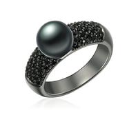 Valero Pearls Damen Perlenring aus geschwärztem 925/- Sterling Silber mit Süßwasser-Zuchtperle Pfauenblau 8-9 mm Buttonförmig Zirkonia schwarz