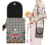 VALICLUD Bestickte Canvas Umhängetasche mit Blumenmuster Leichte Crossbody Handytasche für Damen und Mädchen Ethno Stil Geldbörse mit Reißverschluss Modische Kleiner Schultertasche