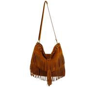 VALICLUD Damen Umhängetasche Mit Fransen 15 Zoll Vintage Quasten Crossbody Bag Retro Eimerbeutel Braun Für Alltag Festival Boho Stil