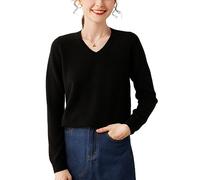 Valin Damen Kaschmir&Wolle Pullover Schwarz V-Ausschnitt Langarm Strickpullover Einfarbige Relaxed Dünner Kaschmir Pullover,44,VD8026