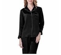 Valin Damen Schwarz Einfach 100% Seide Pyjama-Set Oberteil und Capri-Hose Schlafanzug Langarm 19 Momme Seidenpyjama,L,T8002