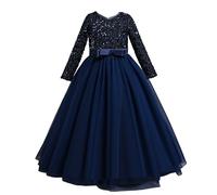 Valin Mädchen 3/4-Arm Pailletten Tüll Ballonkleid,Dunkelblau,140
