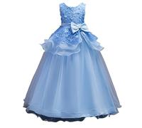 Valin Mädchen Ärmelloses 3D Blumen Tüll Etagenkleid,Blau,140
