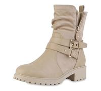 VAN HILL Damen Biker Boots Blockabsatz Schnallen Trendy Schuhe 216383 Beige 39