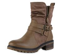 VAN HILL Damen Biker Boots Blockabsatz Schnallen Trendy Schuhe 217564 Khaki 38