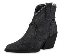 VAN HILL Damen Cowboy Boots Blockabsatz Denim Trendy Schuhe 214545 Schwarz Denim 37