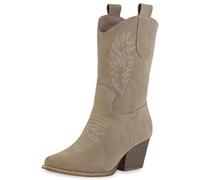 VAN HILL Damen Cowboy Boots Stiefeletten Stickereien Schuhe Holzoptikabsatz Stiefel Spitze Freizeit Western Booties 210007 Tan 36