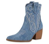 VAN HILL Damen Cowboy Boots Trichterabsatz Denim Trendy Schuhe 214550 Hellblau Denim 36