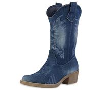 VAN HILL Damen Cowboy Boots Trichterabsatz Denim Trendy Schuhe 216050 Dunkelblau 37