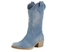 VAN HILL Damen Cowboy Boots Trichterabsatz Denim Trendy Schuhe 216051 Hellblau 37