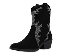 VAN HILL Damen Cowboy Boots Trichterabsatz Nieten Trendy Schuhe 216586 Schwarz 36