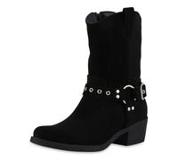 VAN HILL Damen Cowboy Boots Trichterabsatz Schnallen Trendy Schuhe 215975 Schwarz Velours 37