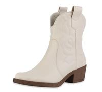 VAN HILL Damen Cowboy Boots Trichterabsatz Stickereien Trendy Schuhe 216064 Creme 38