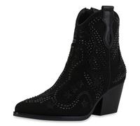 VAN HILL Damen Cowboy Boots Trichterabsatz Strass Trendy Schuhe 214257 Schwarz 36
