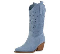 VAN HILL Damen Cowboystiefel Stiefel Cut-Outs Schuhe Spitze Stickereien Western Boots Holzoptikabsatz Freizeitstiefel 210818 Blau Velours 36