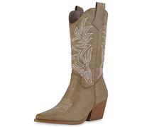 VAN HILL Damen Cowboystiefel Stiefel Spitze Western Schuhe Holzoptikabsatz Freizeitstiefel Stickereien Boots Westernstiefel 211252 Khaki 37