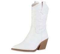 VAN HILL Damen Cowboystiefel Trichterabsatz Zierperlen Trendy Schuhe 215138 Weiss 36