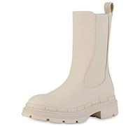 VAN HILL Damen Klassische Stiefel Leicht Gefütterte Blockabsatz Schuhe Profilsohle Boots Freizeitstiefel Plateauschuhe 208418 Beige 37