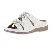 VAN HILL Damen Komfort Sandalen Keilabsatz Blumen Bequem Schuhe 216982 Weiss 38