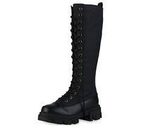 VAN HILL Damen Leicht Gefütterte Plateaustiefel Blockabsatz Stiefel Profilsohle Schuhe Freizeit Schnürer Plateauschuhe 208400 Schwarz 38