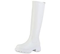 VAN HILL Damen Leicht Gefütterte Plateaustiefel Profilsohle Stiefel Plateau Vorne Schuhe Blockabsatz Freizeit Boots 208731 Weiss 39