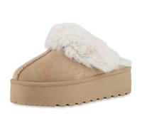 VAN HILL Damen Pantoffeln Plateau Kunstfell Bequem Schuhe 216565 Khaki Robust 38