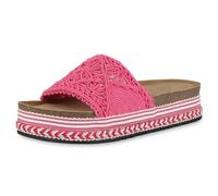 VAN HILL Damen Pantoletten Plateau Ethno Look Trendy Schuhe 214477 Fuchsia Korkoptik 36