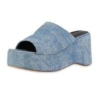VAN HILL Damen Plateau Sandaletten Keilabsatz Plateau Vorne Trendy Schuhe 215173 Blau Denim 40
