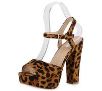 VAN HILL Damen Plateau Sandaletten Wildleder-Optik Party Schuhe Blockabsatz High Heels Absatzschuhe 175331 Leopard 37