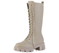 VAN HILL Damen Plateaustiefel Stiefel Blockabsatz Schuhe Plateau Schnürer Profilsohle Boots Plateau Vorne Schnürschuhe 203468 Beige 38