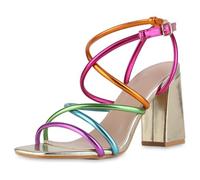 VAN HILL Damen Riemchensandaletten Blockabsatz Basic Party Schuhe 216828 Mehrfarbig Metallic 37