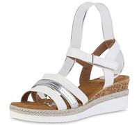 VAN HILL Damen Sandaletten Keilsandaletten Schuhe Metallic Keilabsatz Sommersandaletten Profilsohle Bast Freizeit Wedges 211947 Weiss Silber Metallic 42