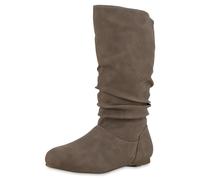 VAN HILL Damen Schlupfstiefel Warm Gefütterte Stiefel Basic Wildleder-Optik Schuhe Flache Slouch Boots 610617 Khaki 42