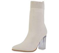VAN HILL Damen Schlupfstiefeletten Stiefeletten Blockabsatz Schuhe Strick Stiefel Spitze Boots Schlupfschuhe Stoff Booties 208466 Beige 37