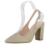 VAN HILL Damen Slingpumps Pumps Blockabsatz Schuhe Party Schließe Slingback Abendschuhe Glitzer Absatzschuhe 210321 Gold 37