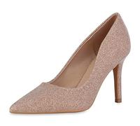VAN HILL Damen Spitze Pumps Party Kunststoff Schuhe Stiletto Glitzer Absatzschuhe Abendschuhe 210095 Rose Gold Glitzer 40