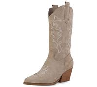 VAN HILL Damen Stiefel Cowboystiefel Stickereien Schuhe Holzoptikabsatz Western Boots Spitze Veloursleder-Optik Freizeitstiefel 210493 Khaki Velours 37